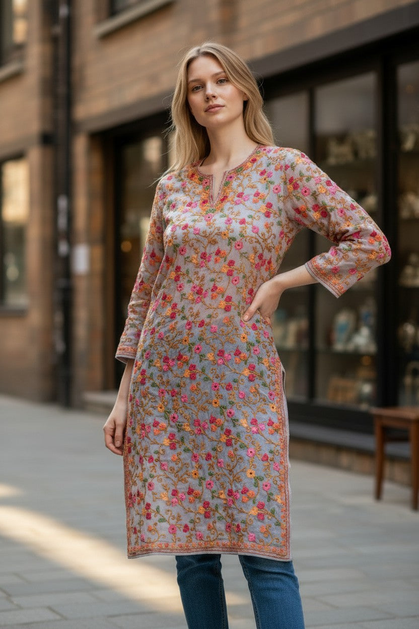 Kashmiri Kurti for Women | Georgette Kurti with Aari Embroidery - Pink