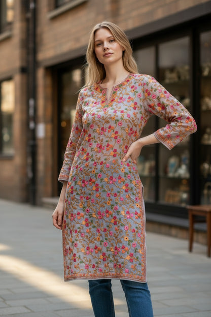 Kashmiri Kurti for Women | Georgette Kurti with Aari Embroidery - Pink