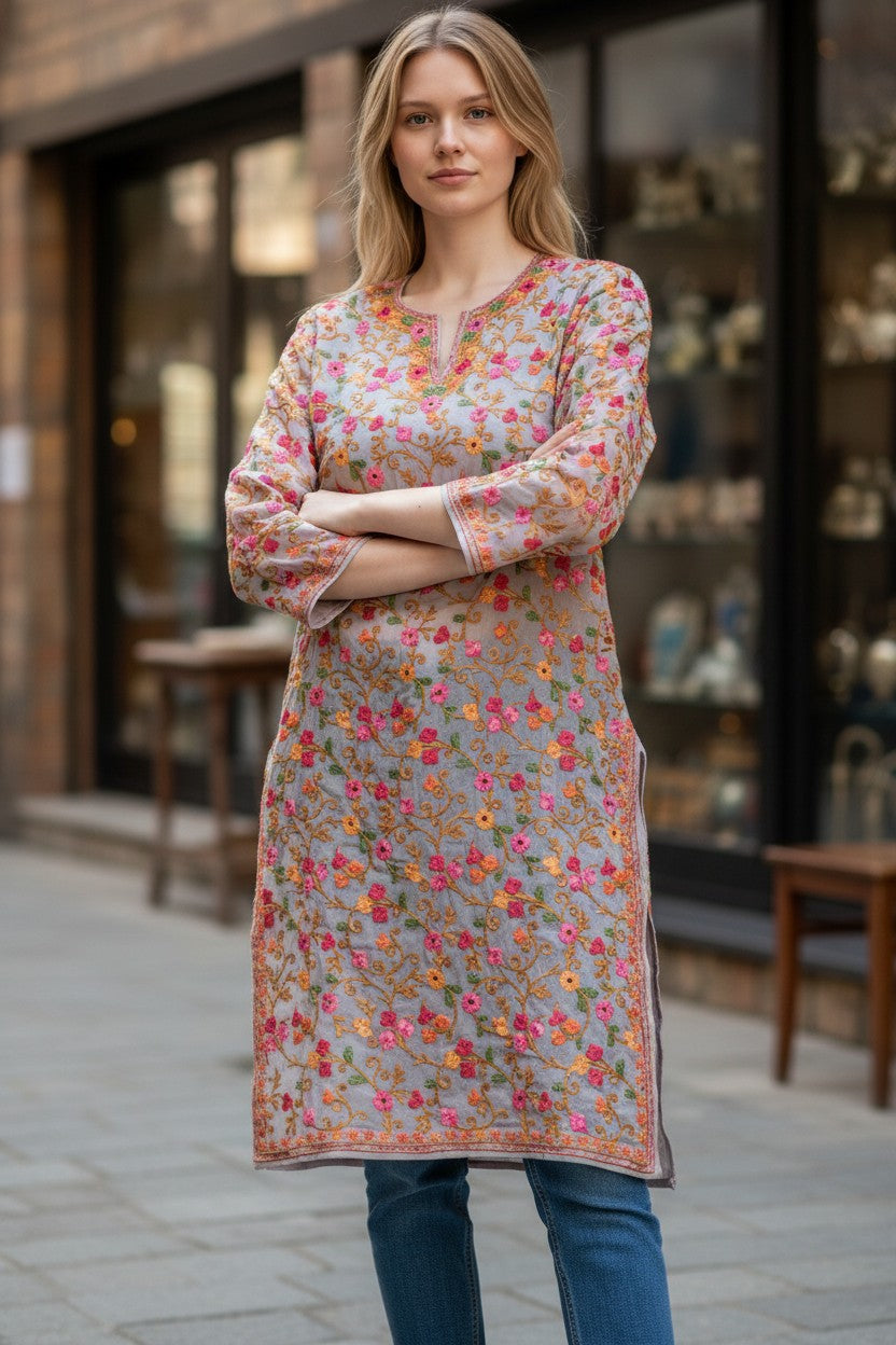 Kashmiri Kurti for Women | Georgette Kurti with Aari Embroidery - Pink