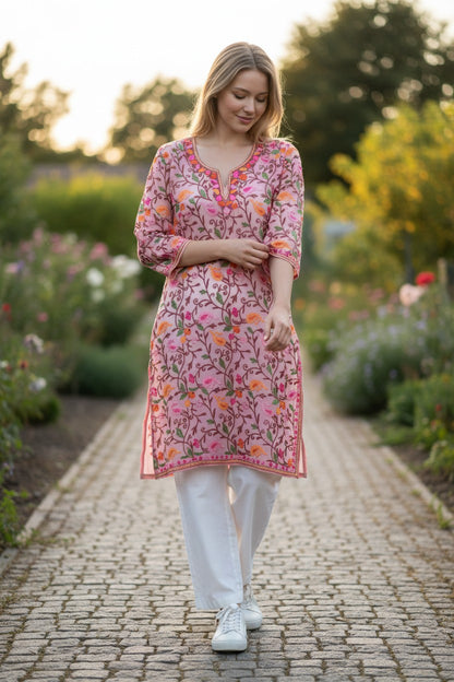 Kashmiri Kurti for Women | Georgette Kurti with Aari Embroidery - Pink