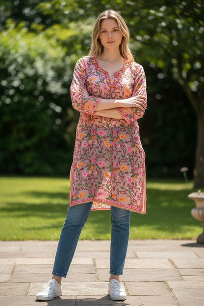 Kashmiri Kurti for Women | Georgette Kurti with Aari Embroidery - Pink