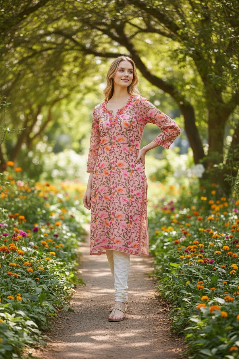 Kashmiri Kurti for Women | Georgette Kurti with Aari Embroidery - Pink