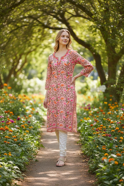 Kashmiri Kurti for Women | Georgette Kurti with Aari Embroidery - Pink