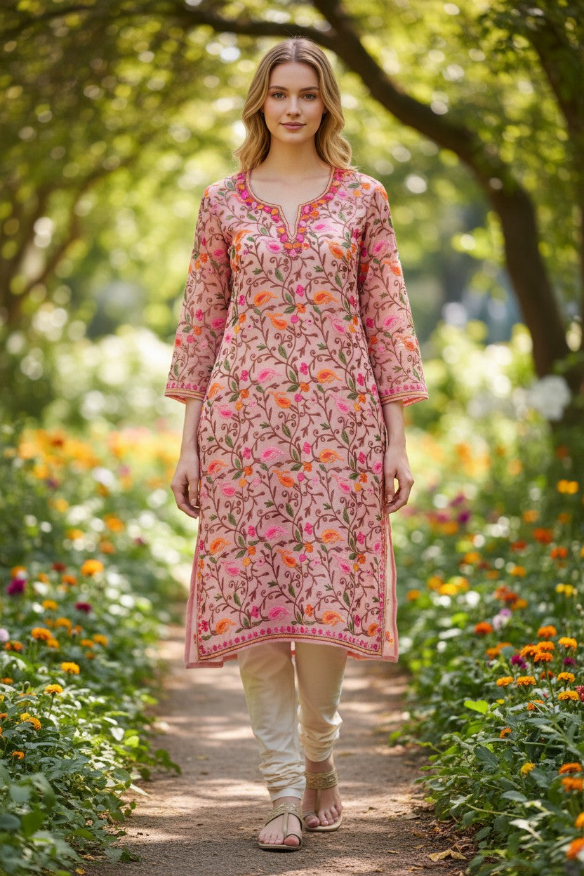 Kashmiri Kurti for Women | Georgette Kurti with Aari Embroidery - Pink