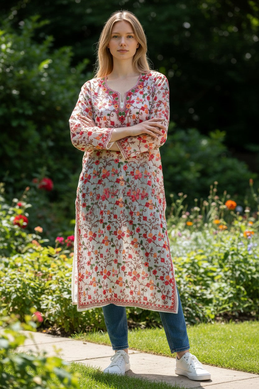 Kashmiri Kurti for Women | Georgette Kurti with Aari Embroidery - White