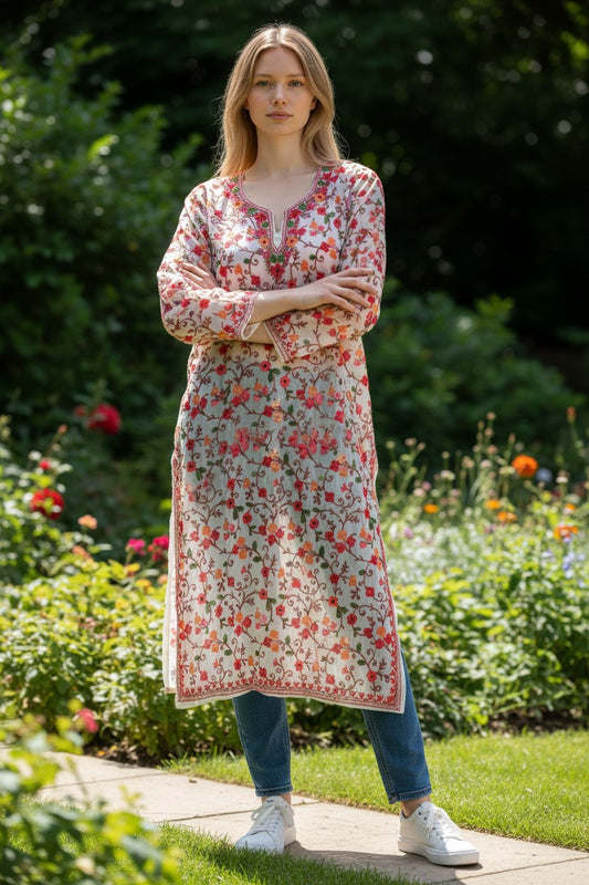 Kashmiri Kurti for Women | Georgette Kurti with Aari Embroidery - White
