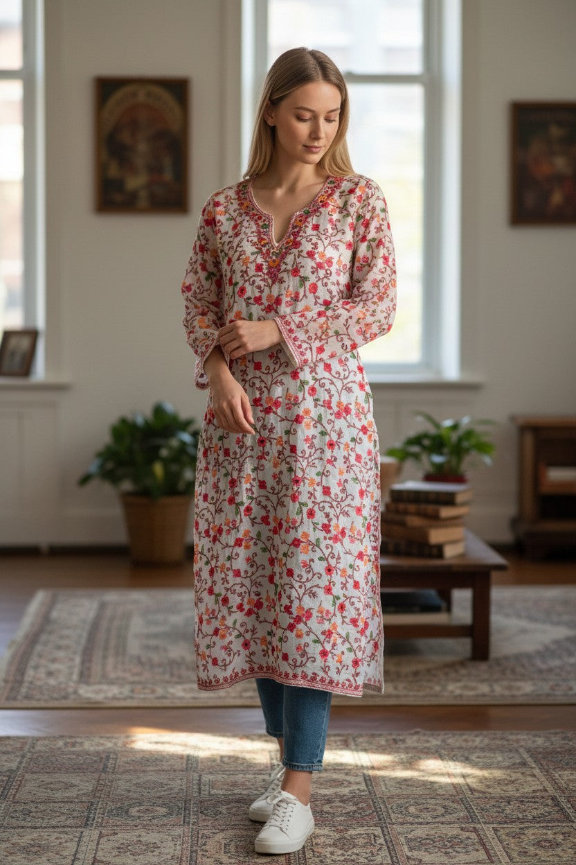 Kashmiri Kurti for Women | Georgette Kurti with Aari Embroidery - White