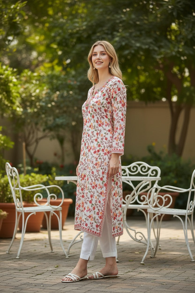 Kashmiri Kurti for Women | Georgette Kurti with Aari Embroidery - White