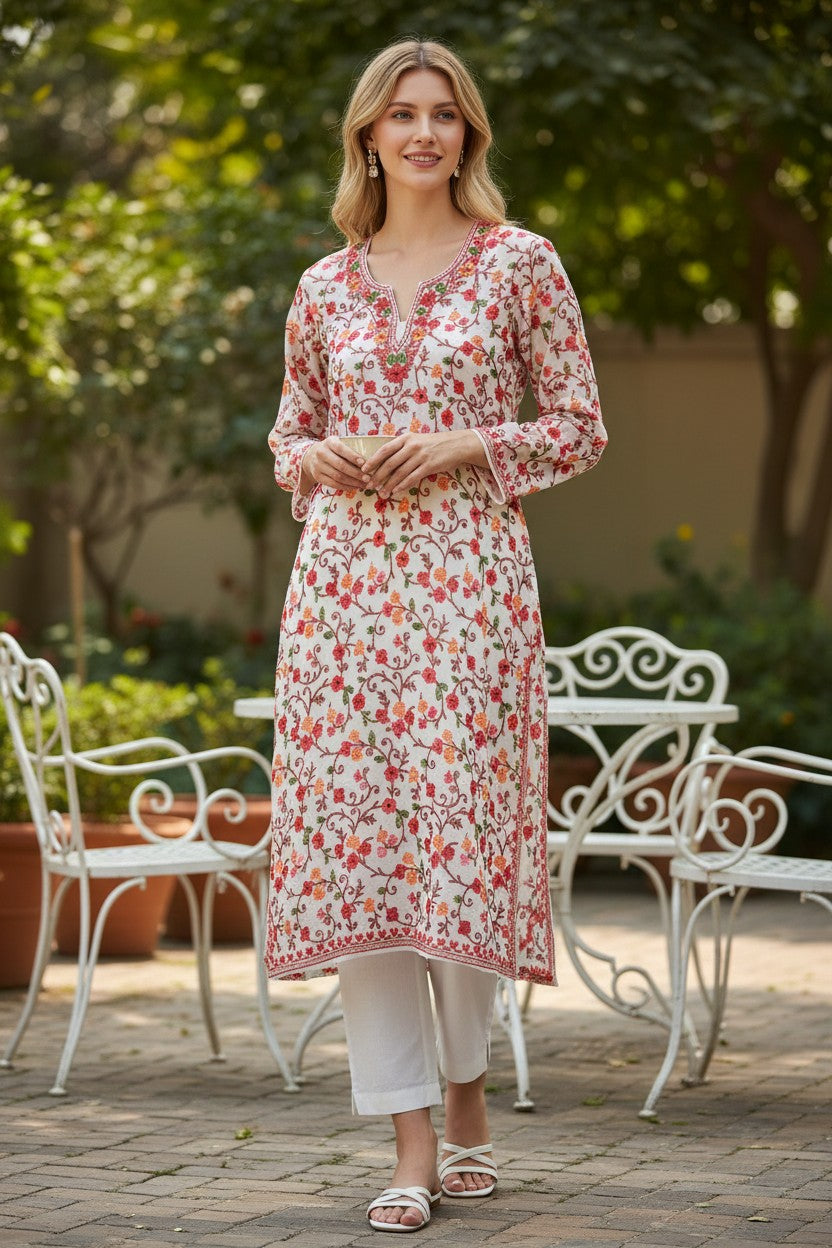 Kashmiri Kurti for Women | Georgette Kurti with Aari Embroidery - White