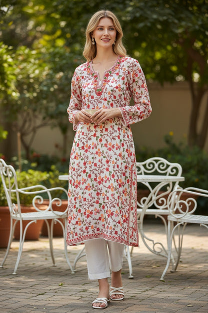 Kashmiri Kurti for Women | Georgette Kurti with Aari Embroidery - White