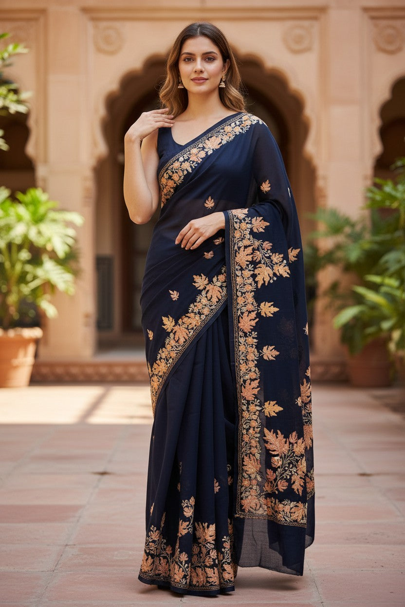 Kashmiri Sarees with Aari Embroidery | Georgette Saree with Unstitched Blouse Pieces. - Blue
