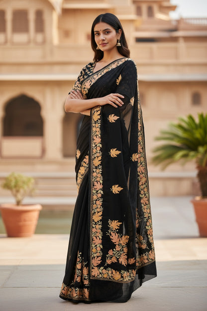 Kashmiri Sarees with Aari Embroidery | Georgette Saree with Unstitched Blouse Pieces. - Blue