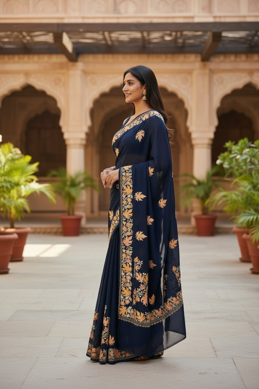 Kashmiri Sarees with Aari Embroidery | Georgette Saree with Unstitched Blouse Pieces. - Blue