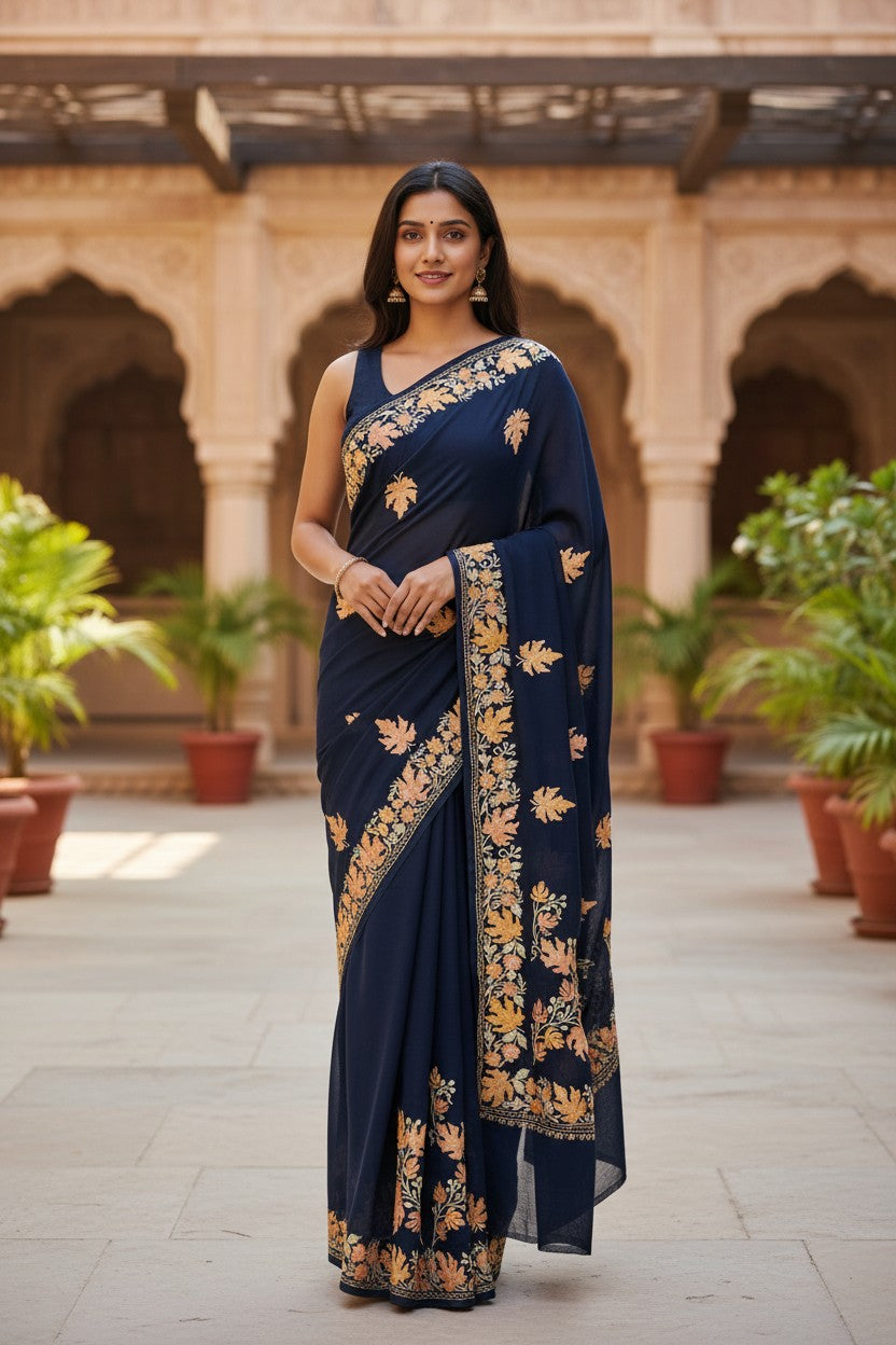 Kashmiri Sarees with Aari Embroidery | Georgette Saree with Unstitched Blouse Pieces. - Blue