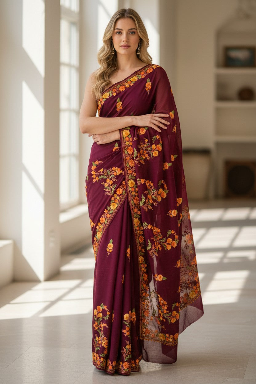 Kashmiri Sarees with Aari Embroidery | Georgette Saree with Unstitched Blouse Pieces. - Maroon