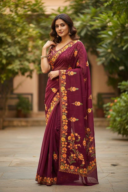 Kashmiri Sarees with Aari Embroidery | Georgette Saree with Unstitched Blouse Pieces. - Maroon