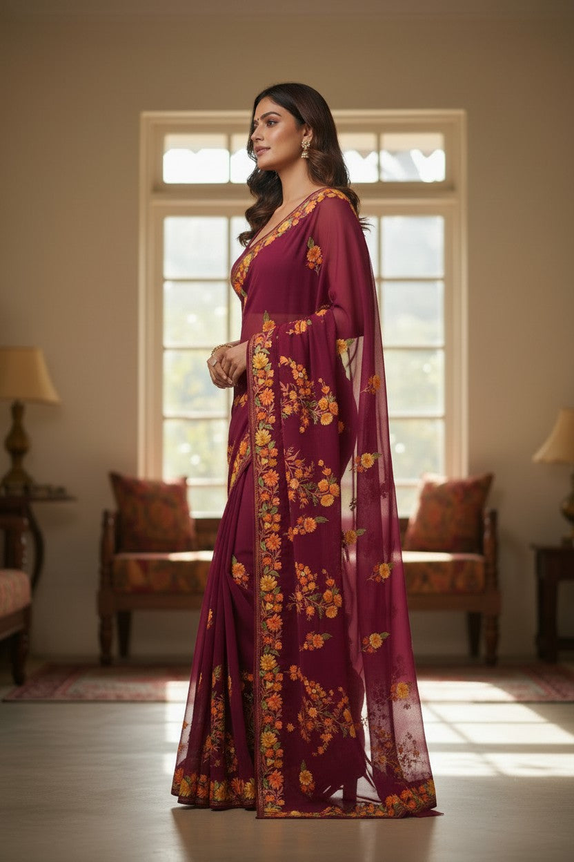 Kashmiri Sarees with Aari Embroidery | Georgette Saree with Unstitched Blouse Pieces. - Maroon