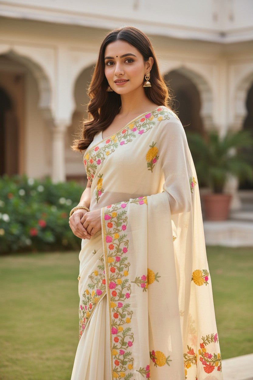 Women's Sarees with Kashmiri Aari Embroidery | Georgette Saree with Unstitched Blouse Pieces. - white