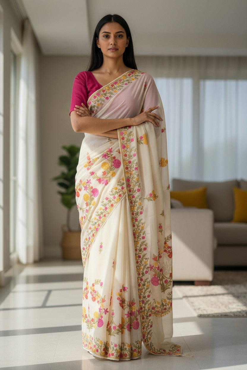 Women's Sarees with Kashmiri Aari Embroidery | Georgette Saree with Unstitched Blouse Pieces. - white