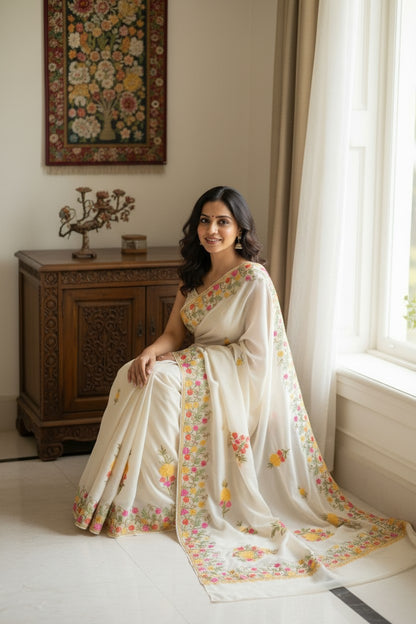 Women's Sarees with Kashmiri Aari Embroidery | Georgette Saree with Unstitched Blouse Pieces. - white