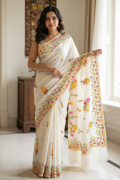 Women's Sarees with Kashmiri Aari Embroidery | Georgette Saree with Unstitched Blouse Pieces. - white