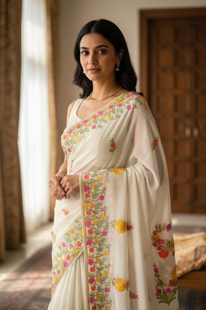 Women's Sarees with Kashmiri Aari Embroidery | Georgette Saree with Unstitched Blouse Pieces. - white