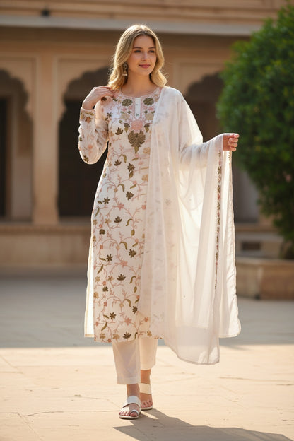 Kashmiri Georgette Suits For Women With Embroidered Dupatta - Light Green