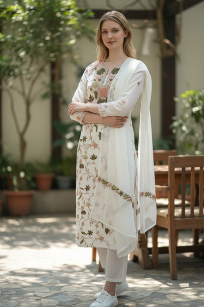 Kashmiri Georgette Suits For Women With Embroidered Dupatta - Light Green