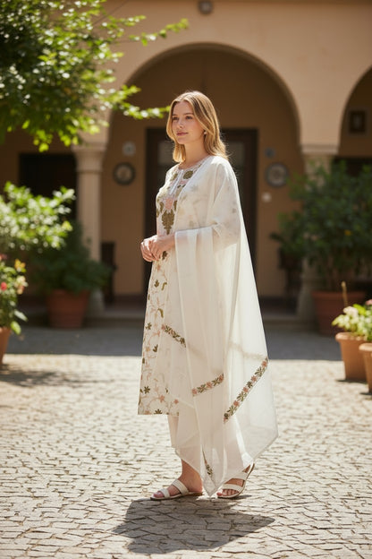 Kashmiri Georgette Suits For Women With Embroidered Dupatta - Light Green