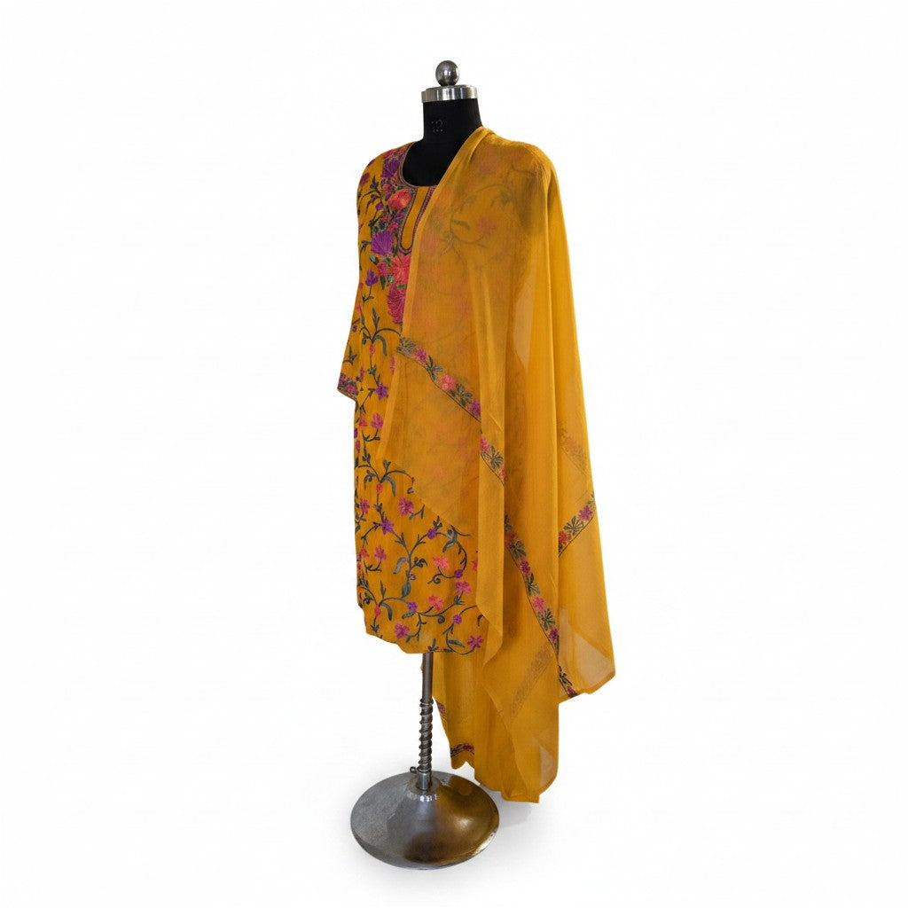 Kashmiri Georgette Suits For Women With Embroidered Dupatta - Mustard