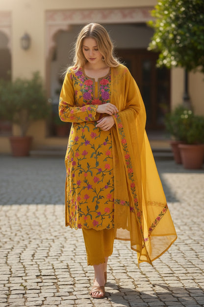 Kashmiri Georgette Suits For Women With Embroidered Dupatta - Mustard