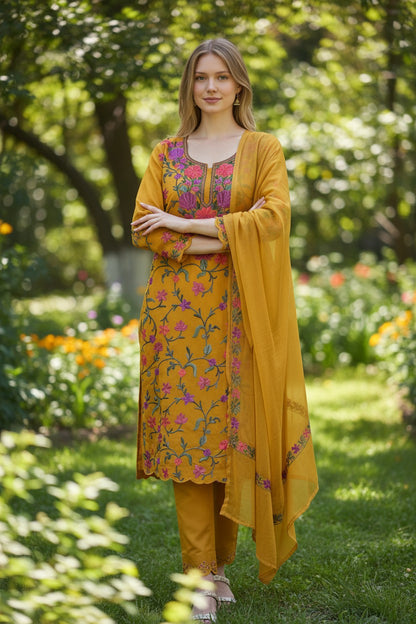 Kashmiri Georgette Suits For Women With Embroidered Dupatta - Mustard