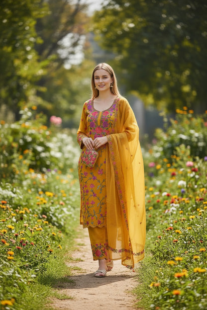 Kashmiri Georgette Suits For Women With Embroidered Dupatta - Mustard
