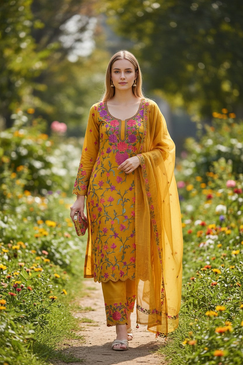 Kashmiri Georgette Suits For Women With Embroidered Dupatta - Mustard