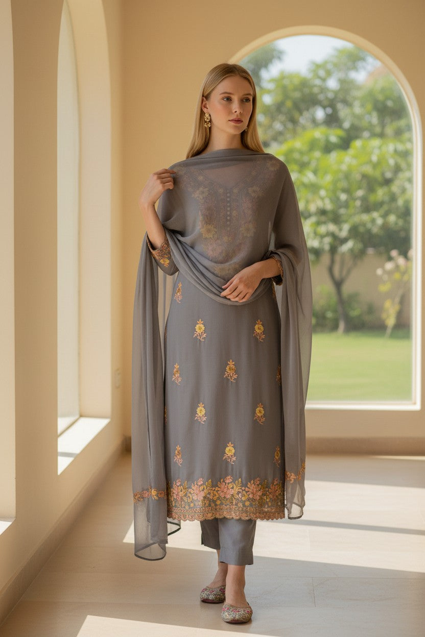Kashmiri Georgette Suits For Women With Embroidered Dupatta - Blue