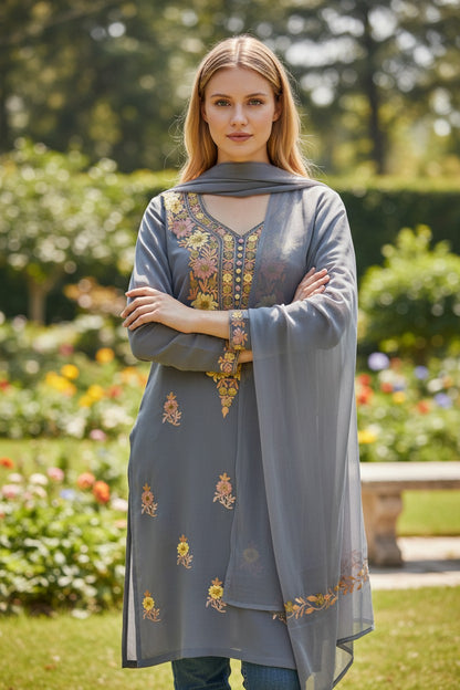 Kashmiri Georgette Suits For Women With Embroidered Dupatta - Blue