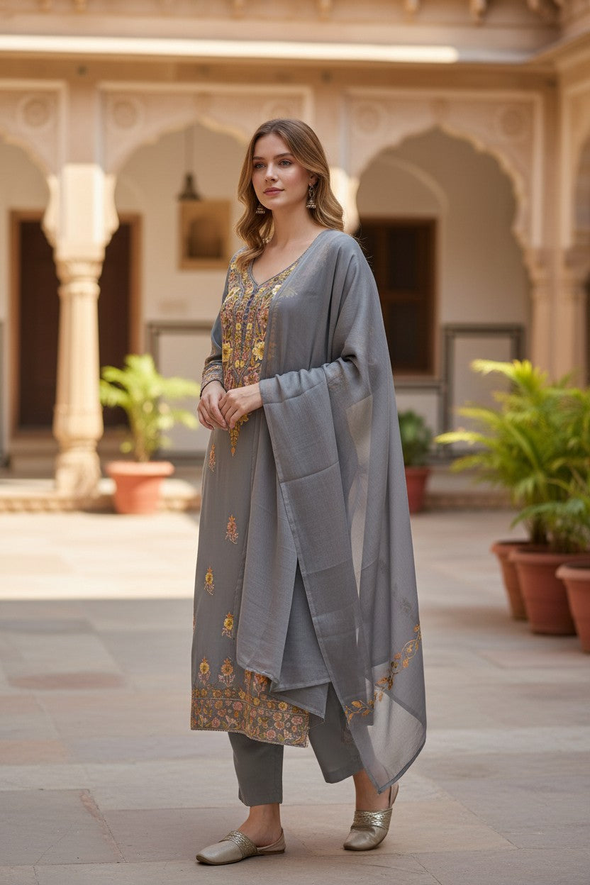 Kashmiri Georgette Suits For Women With Embroidered Dupatta - Blue