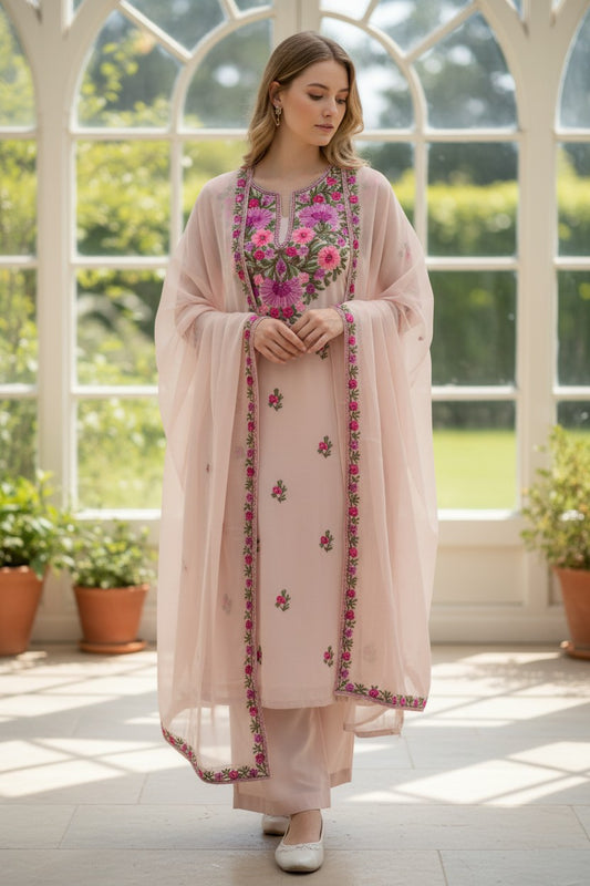 Kashmiri Georgette Suits For Women With Embroidered Dupatta - Light Pink