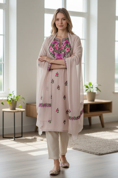 Kashmiri Georgette Suits For Women With Embroidered Dupatta - Light Pink