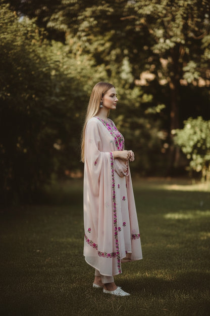 Kashmiri Georgette Suits For Women With Embroidered Dupatta - Light Pink