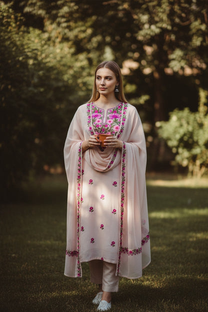 Kashmiri Georgette Suits For Women With Embroidered Dupatta - Light Pink