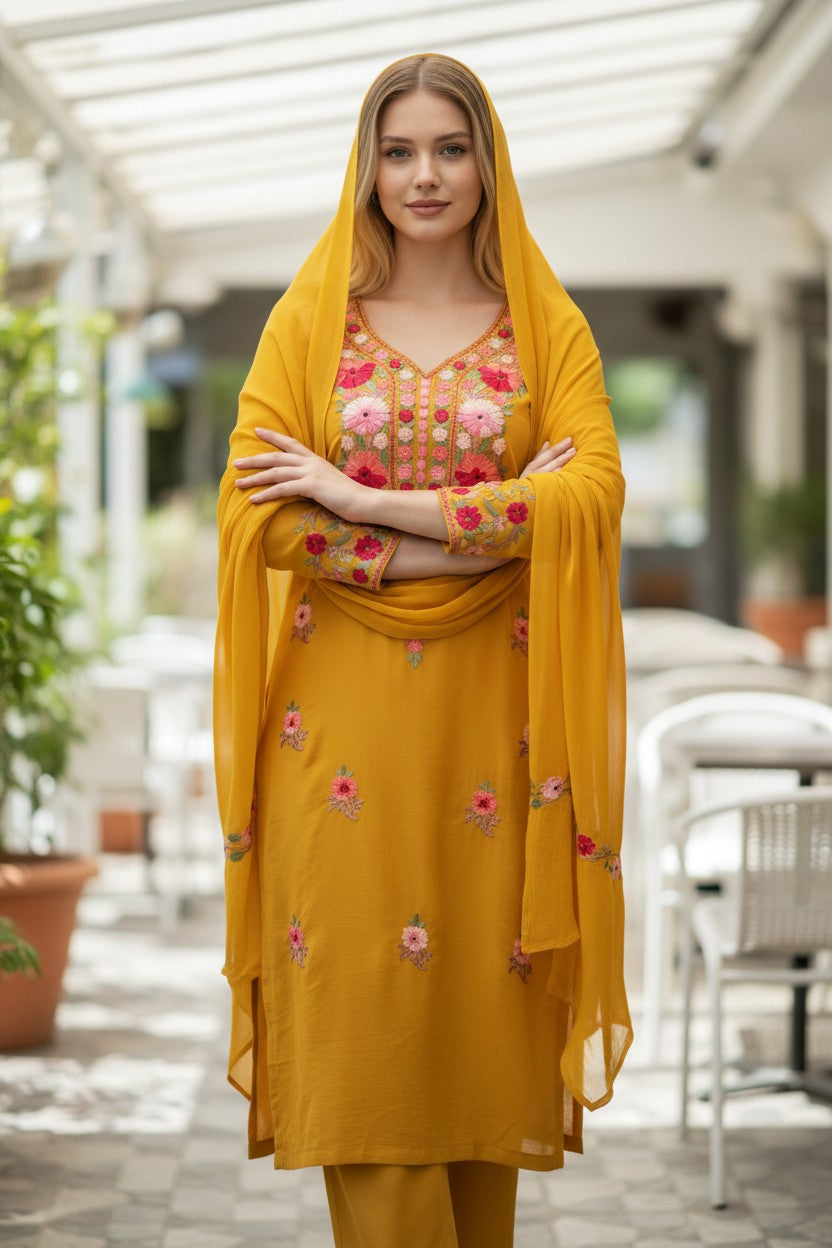 Kashmiri Georgette Suits For Women With Embroidered Dupatta - Mustard