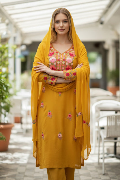 Kashmiri Georgette Suits For Women With Embroidered Dupatta - Mustard