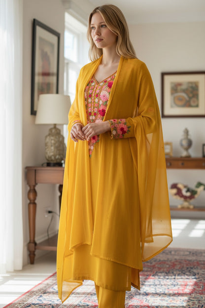 Kashmiri Georgette Suits For Women With Embroidered Dupatta - Mustard