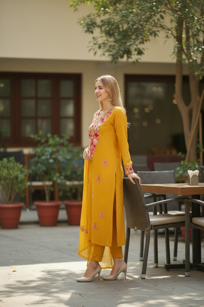 Kashmiri Georgette Suits For Women With Embroidered Dupatta - Mustard