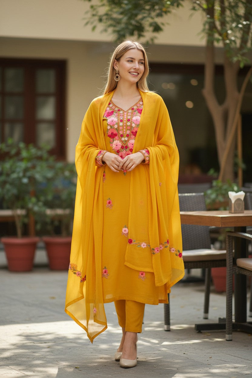 Kashmiri Georgette Suits For Women With Embroidered Dupatta - Mustard