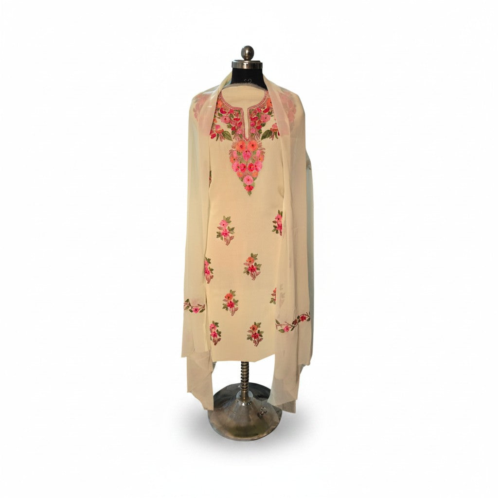 Kashmiri Georgette Suits For Women With Embroidered Dupatta - Cream