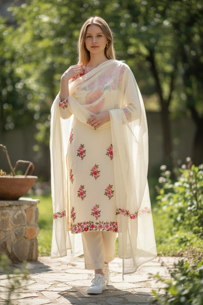 Kashmiri Georgette Suits For Women With Embroidered Dupatta - Cream