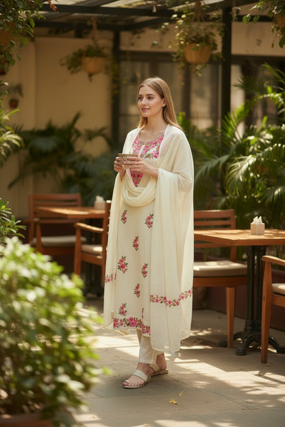 Kashmiri Georgette Suits For Women With Embroidered Dupatta - Cream