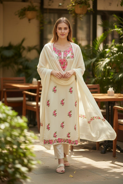 Kashmiri Georgette Suits For Women With Embroidered Dupatta - Cream